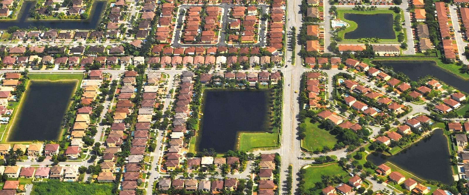 Aerial view of Kendall, Miami-Dade, with blocks of houses, small lakes and tree-lined streets